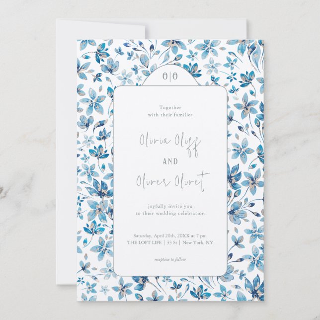 Invitación Boda de flores azules pequeñas (Anverso)