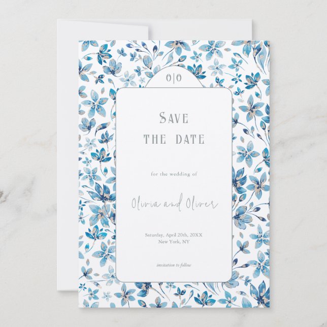 Invitación Boda de flores azules pequeñas salva la fecha (Anverso)