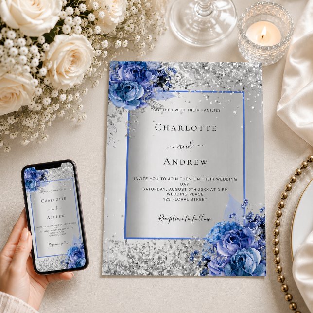 Invitación Boda de flores azules plateadas (Subido por el creador)
