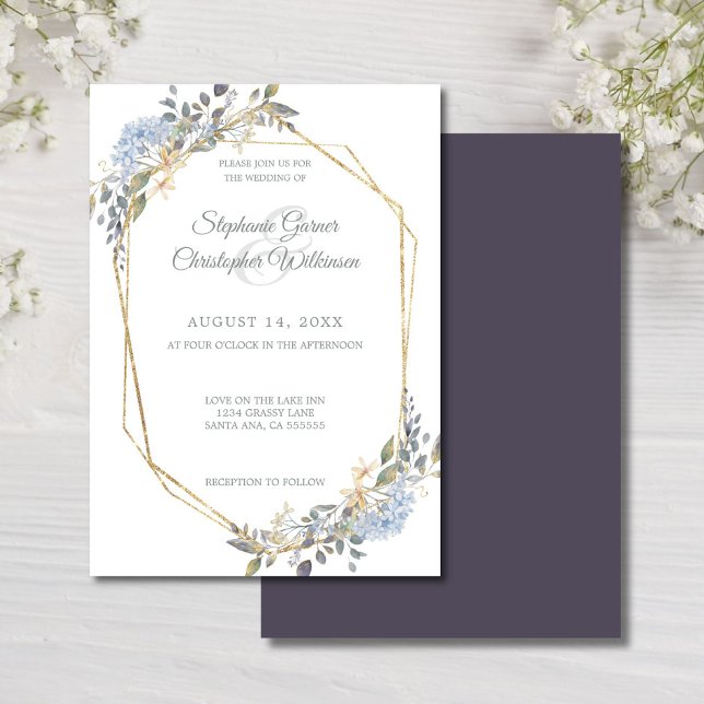 Invitación Boda de flores azules polvorientas en marco geomét (Subido por el creador)