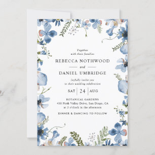 Invitación Boda de flores azules polvorientas todo en uno