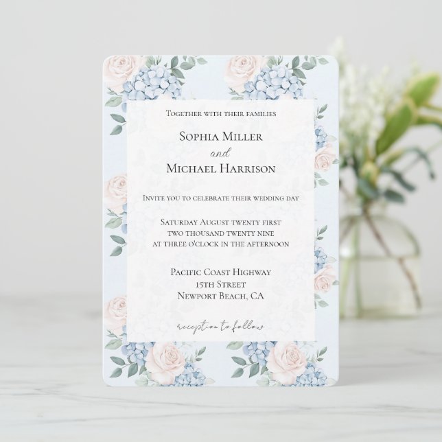Invitación Boda de Flores Azules Románticas (Anverso de pie)