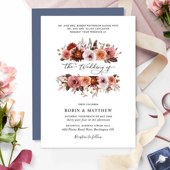Invitación Boda de flores azules, Rubor y borgoñas (Subido por el creador)