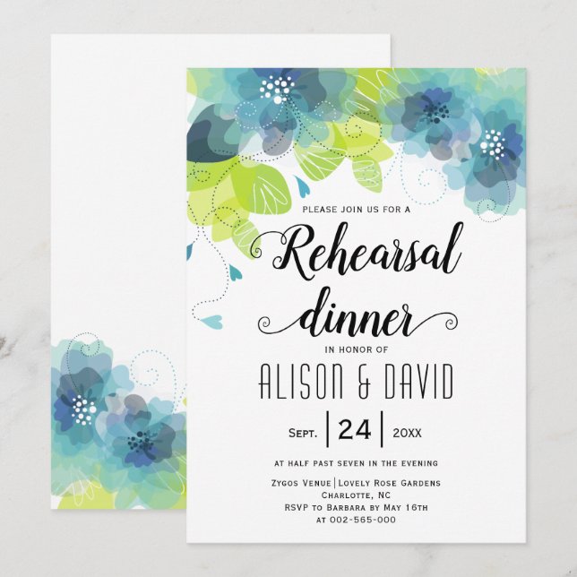 Invitación boda de flores azules verde azuladas para la cena (Anverso / Reverso)