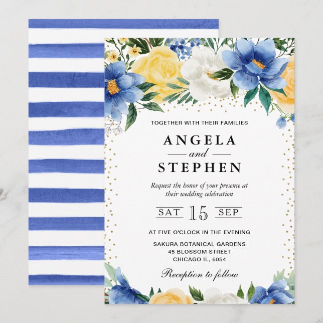 Invitación Boda de flores azules y amarillas acuarela (Anverso / Reverso)