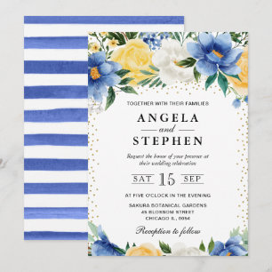 Invitación Boda de flores azules y amarillas acuarela