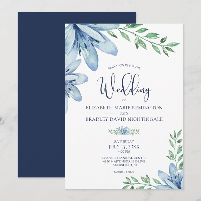Invitación Boda de Flores Azules y Azules de la Marina (Anverso / Reverso)