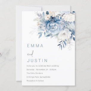 Invitación Boda de flores azules y blancas de cielo seco