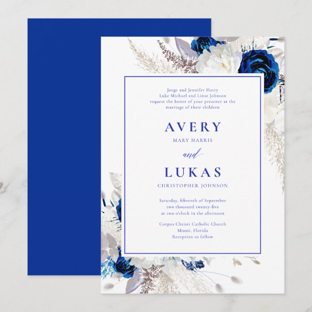 Invitación Boda de Flores Azules y Blancas Real Modernas (Anverso / Reverso)