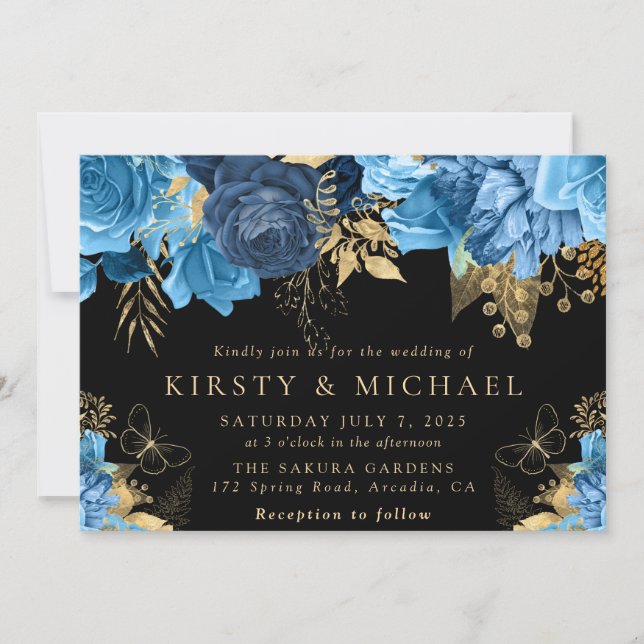 Invitación Boda de flores azules y doradas al acuarela (Anverso)