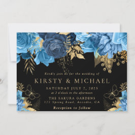 Invitación Boda de flores azules y doradas al acuarela