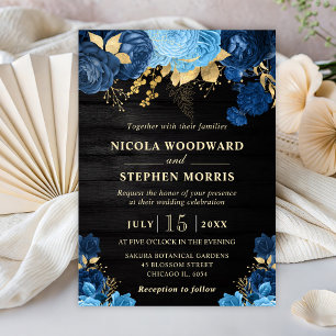 Invitación Boda de Flores Azules y Doradas con Acuarela Rústi
