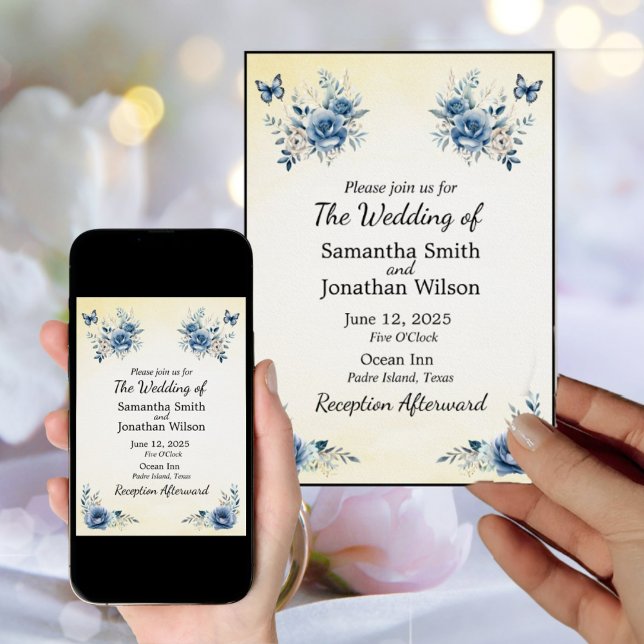Invitación Boda de flores azules y mariposas modernas (Subido por el creador)