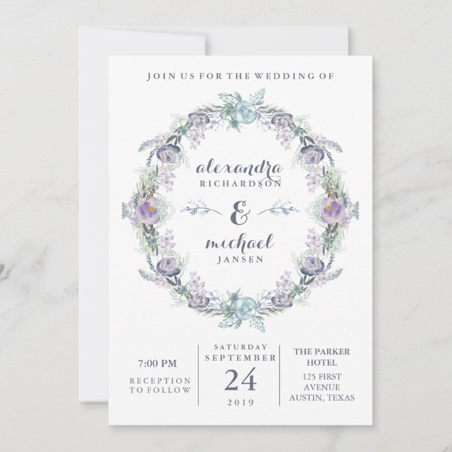 Invitación Boda de flores azules y moradas (Anverso)