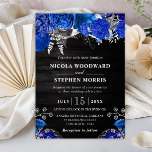 Invitación Boda de Flores Azules y Plateadas con Acuarela Rús