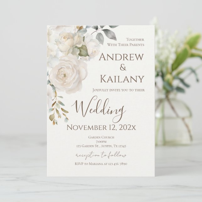 Invitación Boda de Flores Beige (Anverso de pie)