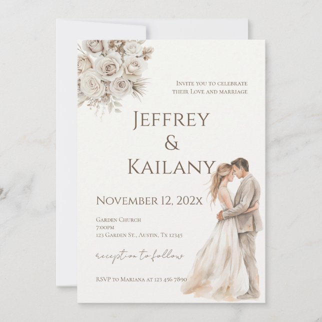Invitación Boda de Flores Beige (Anverso)