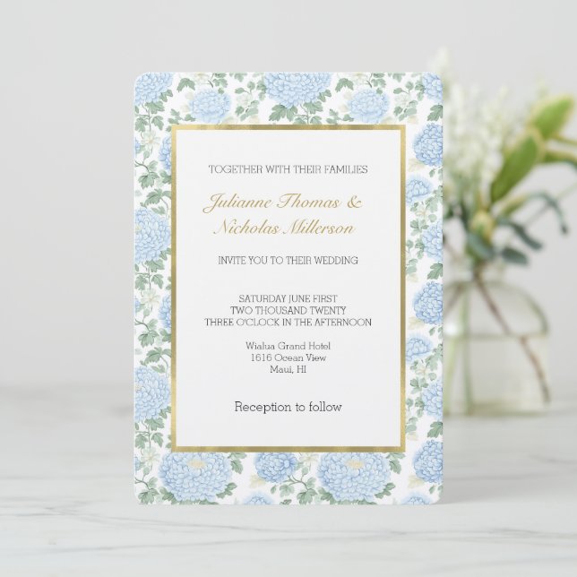Invitación Boda de flores blancas azul claro bonitas (Anverso de pie)