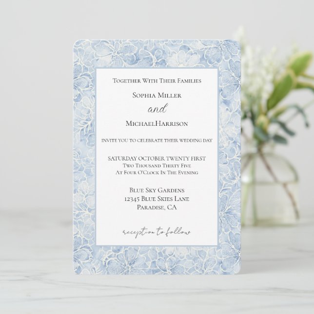 Invitación Boda de flores blancas azules bastante chic (Anverso de pie)