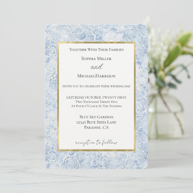 Invitación Boda de flores blancas azules bonitas (Anverso de pie)