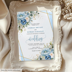 Invitación Boda de flores blancas azules polvorientas clásica