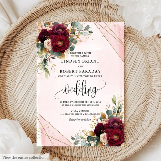 Invitación Boda de Flores Blancas Boho Merlot Gold (Classic Boho Merlot Gold White Flowers Wedding Invitation)