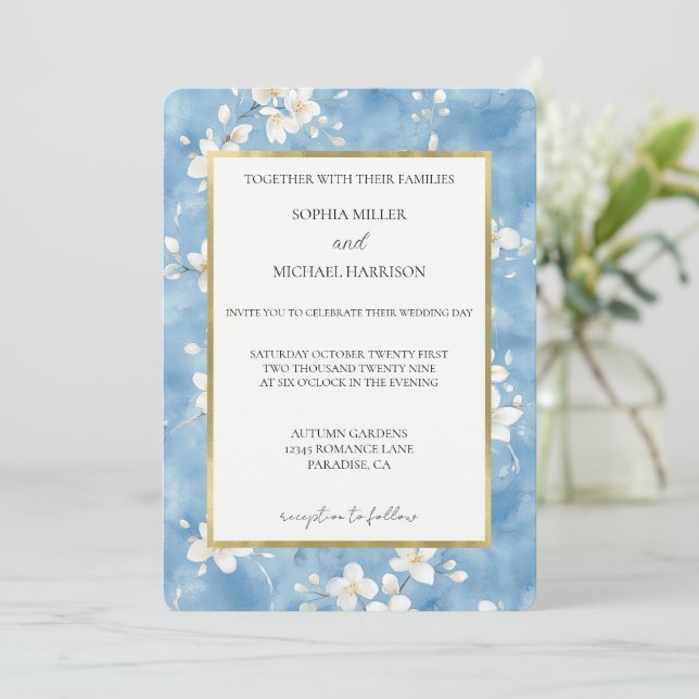 Invitación Boda de flores blancas bonitas cielo azul (Anverso de pie)