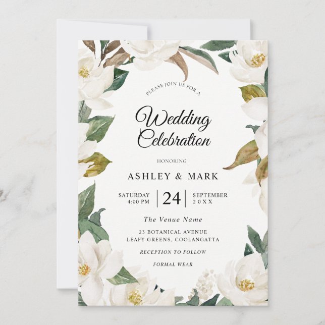 Invitación Boda de flores blancas de guirnalda floral botánic (Anverso)
