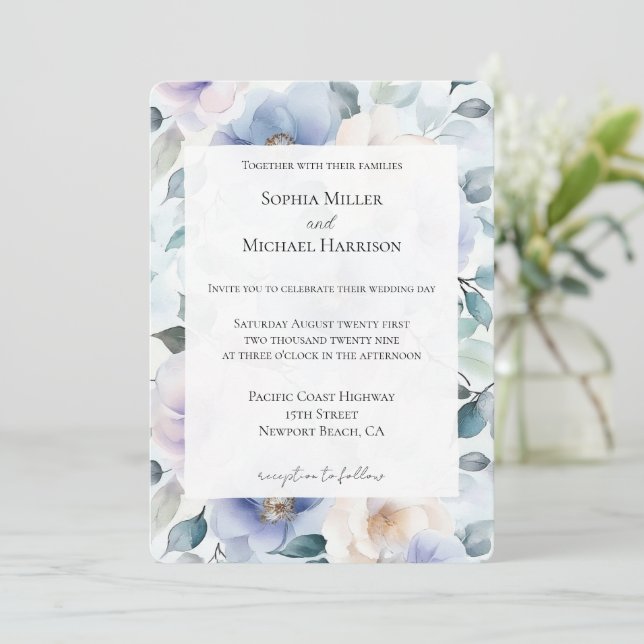 Invitación Boda de Flores Blancas de Lavanda Púrpura (Anverso de pie)