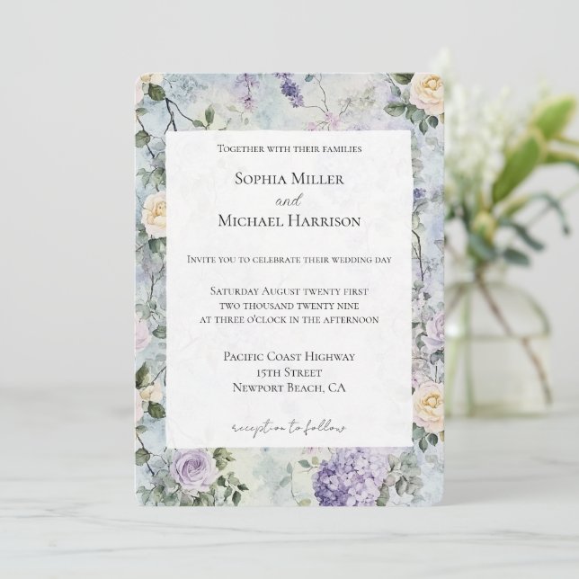 Invitación Boda de Flores Blancas de Lavanda Púrpura (Anverso de pie)