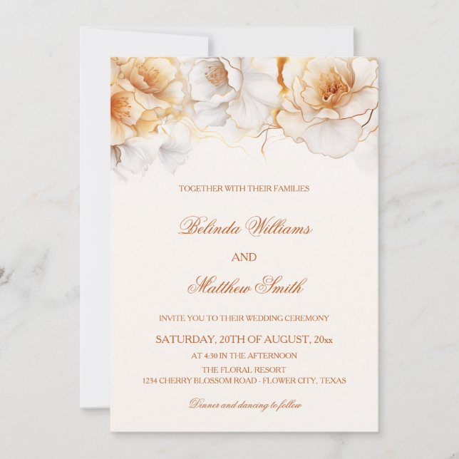 Invitación Boda de flores blancas de oro (Anverso)