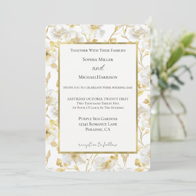 Invitación Boda de flores blancas oro bonito (Anverso de pie)