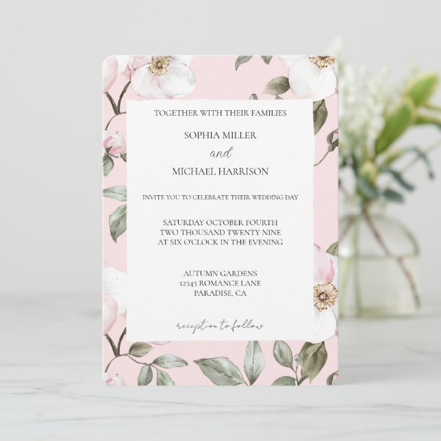 Invitación Boda de flores blancas rosadas de Rubor bonito (Anverso de pie)