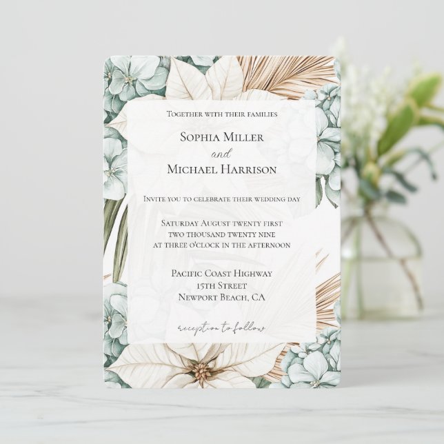 Invitación Boda de Flores Blancas Tropicales Azules (Anverso de pie)