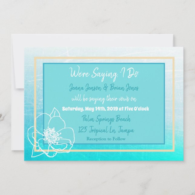 Invitación Boda de flores blancas verde azuladas y turquesas (Anverso)