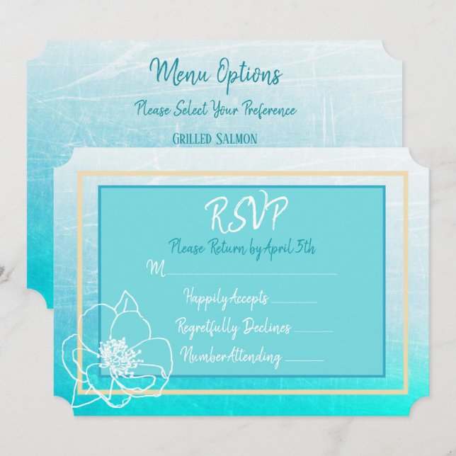 Invitación Boda de flores blancas verde azuladas y turquesas  (Anverso / Reverso)
