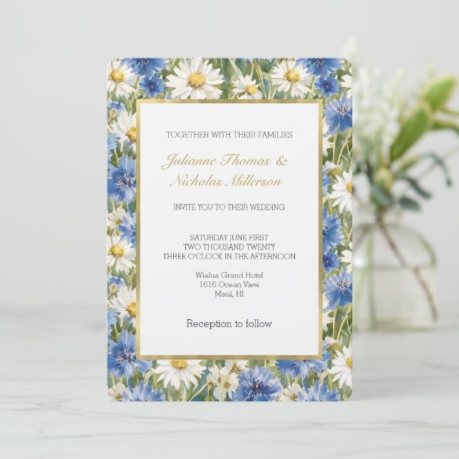 Invitación Boda de flores blancas y azules de margaritas (Anverso de pie)