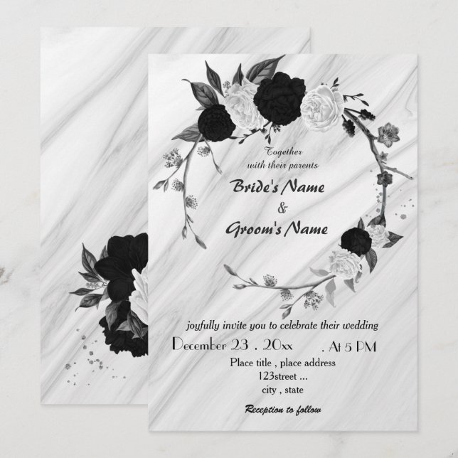 Invitación boda de flores blancas y negras (Anverso / Reverso)