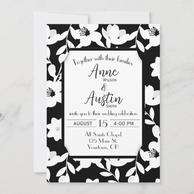 Invitación Boda de flores blancas y negras (Anverso)