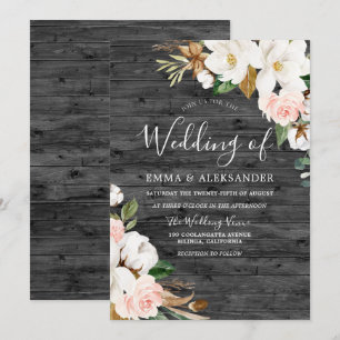 Invitación Boda de Flores Blancas y Rubor de Madera de Carbón