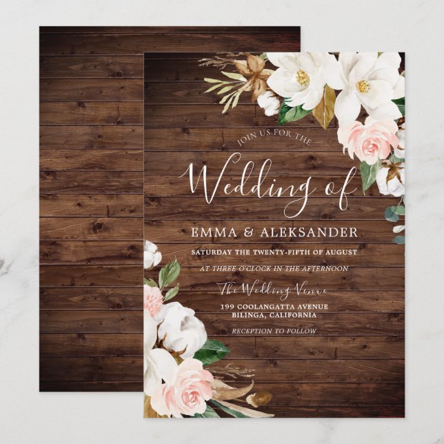 Invitación Boda de Flores Blancas y Rubor Rustic Wood (Anverso / Reverso)