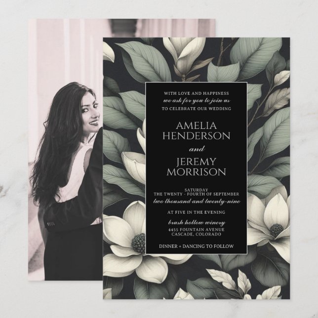 Invitación Boda de flores blancas y vegetación (Anverso / Reverso)