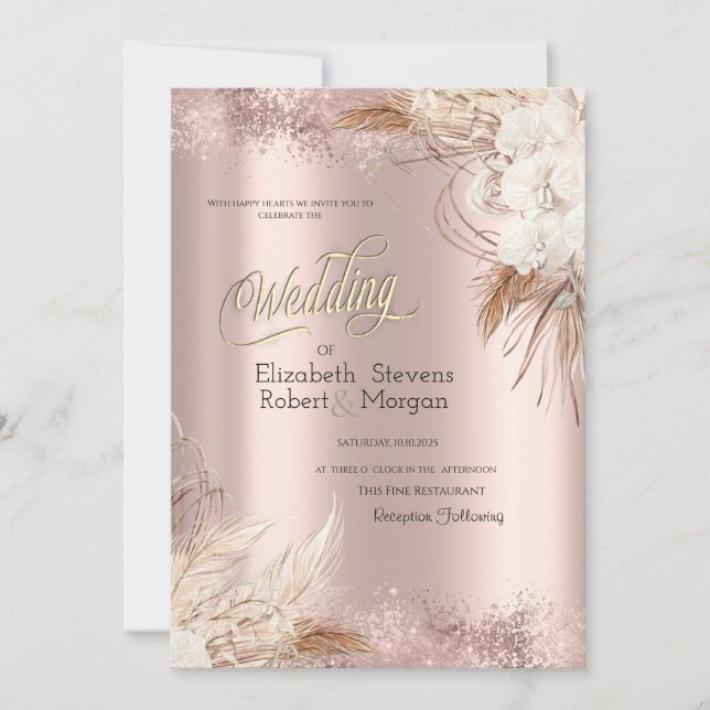 Invitación Boda de flores boho con confeti de oro rosa  (Anverso)