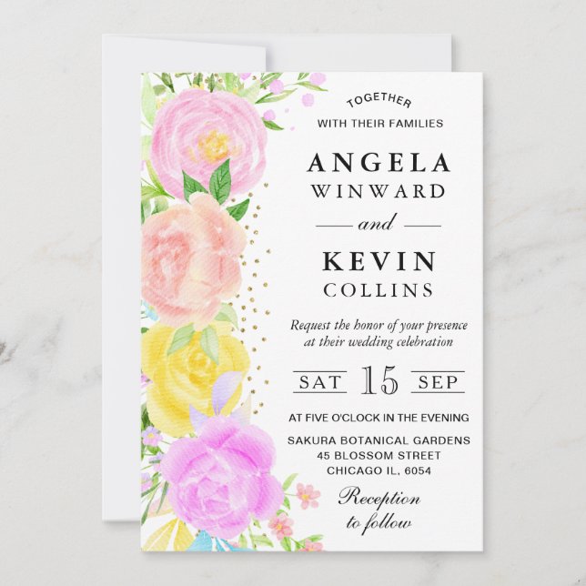 Invitación Boda de flores boho naranja rosa y amarillo (Anverso)