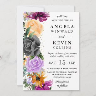 Invitación Boda de flores boho negras naranjas y moradas