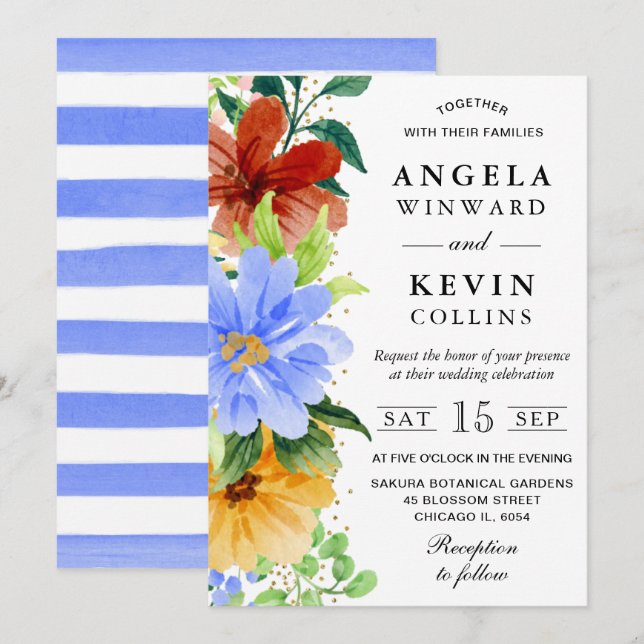 Invitación Boda de flores boho rojas, amarillas y azules (Anverso / Reverso)