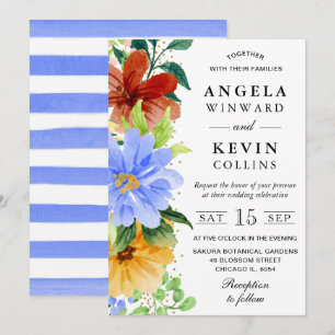 Invitación Boda de flores boho rojas, amarillas y azules