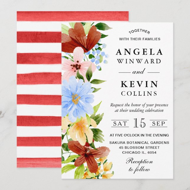 Invitación Boda de flores boho rojas, amarillas y azules (Anverso / Reverso)