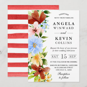 Invitación Boda de flores boho rojas, amarillas y azules