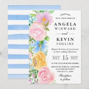 Invitación Boda de flores boho rosadas, amarillas y azules